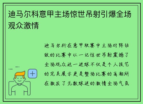 迪马尔科意甲主场惊世吊射引爆全场观众激情