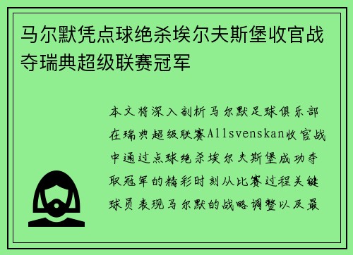 马尔默凭点球绝杀埃尔夫斯堡收官战夺瑞典超级联赛冠军 马尔默凭点球绝杀埃尔夫斯堡收官战夺瑞典超级联赛冠军